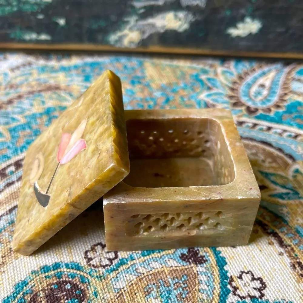 Stone Trinket Box Carved Inlaid Flower Jewelry Box Vintage